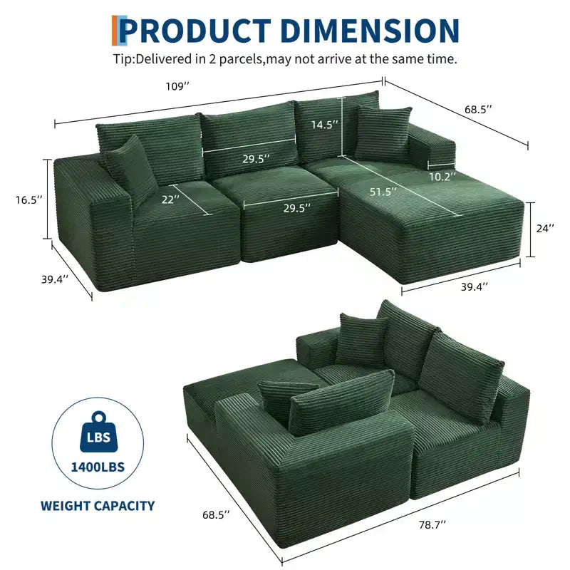 108 Nowoczesna sofa, 3-osobowa sofa tapicerowana w kształcie litery L z poduszkami, sofa z głębokim siedziskiem, bez konieczności montażu