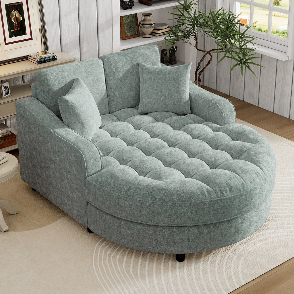 Sofa rozkładana typu chaise longue z chenille, tapicerowana sofa z pikowanym oparciem i 2 zdejmowanymi poduszkami do salonu