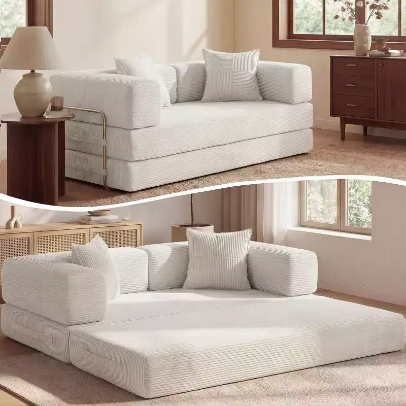 Dyonery 65-calowa rozkładana podłogowa sofa 5 w 1, rozkładana do podwójnego łóżka, ze stałym metalowym stelażem, sztruksowa