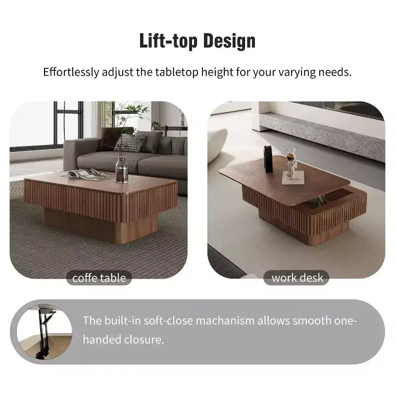 JVNOXK 38.6 Żłobkowany stolik kawowy z podnoszonym blatem i schowkiem, nowoczesny stolik akcentowy z litego drewna i forniru z regulacją wysokości do salonu, sypialni, Orzech, 100 cm