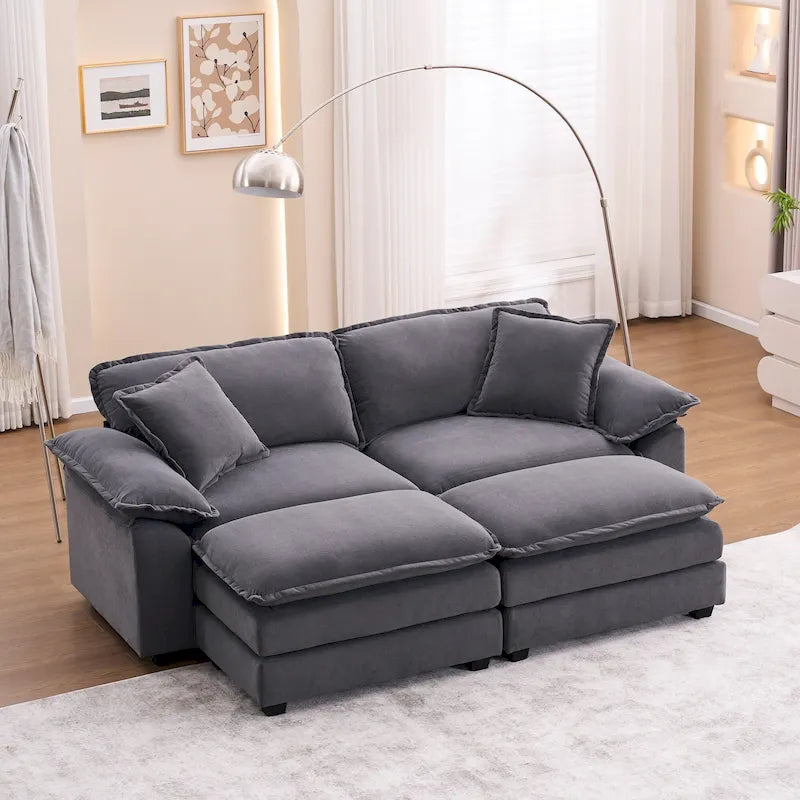 Sofa 2-osobowa z 2 siedziskami, 2 poduszkami i 2 pufami, wygodna sofa - Głęboka sofa do salonu, sofa modułowa