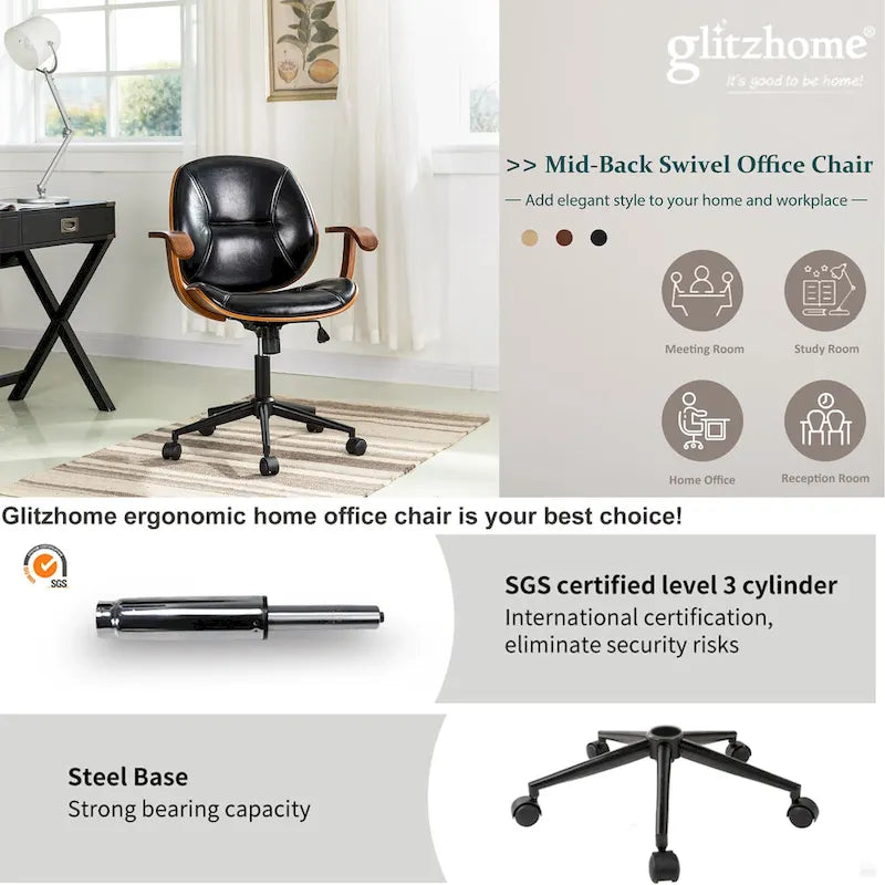 Glitzhome Skórzane Krzesło Biurowe Regulowane Obrotowe z Podłokietnikami Ergonomiczny Design