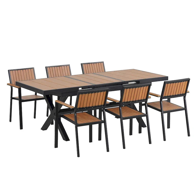 7-częściowy zestaw obiadowy na zewnątrz z rozkładanym stołem i 6 krzesłami z podłokietnikami