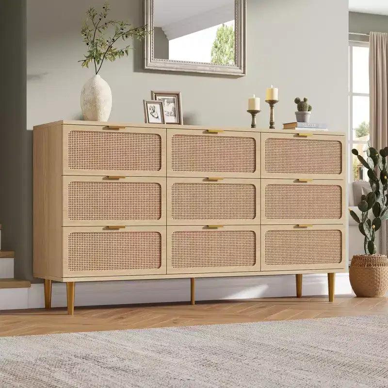 Rattanowa komoda do sypialni, pojemne szafki z szufladami do garderoby, odpowiednie do salonu, przedpokoju i pokoju dziecięcego.