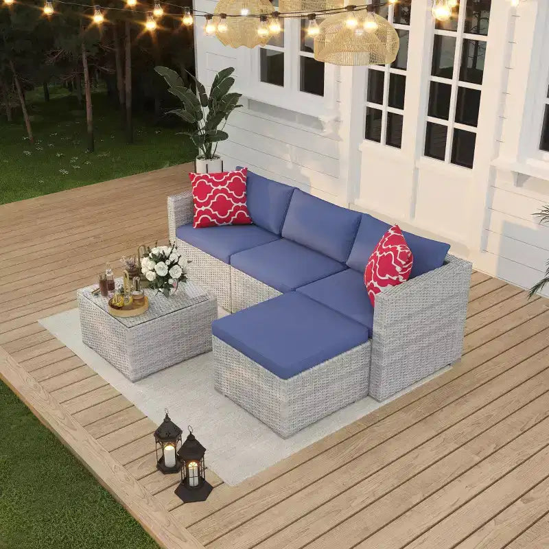 5-częściowy zestaw mebli ogrodowych, modułowa sofa z technorattanu odporna na warunki atmosferyczne z poduszkami antypoślizgowymi, rattanowy zestaw mebli ogrodowych z sofą i otomantą