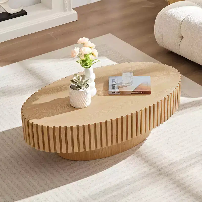 Owalny/kwadratowy stolik kawowy, minimalistyczny stolik centralny z ryflowanym środkiem, stolik dekoracyjny, naturalny jesion/orzech/matowa czerń – ModernLuxe