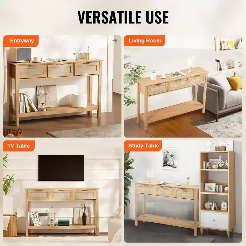 Konsola VEVOR z rattanu z 3 szufladami, rattanowy stolik do przedpokoju z przesuwnymi drzwiczkami z naturalnego rattanu, stolik konsolowy do salonu, naturalny