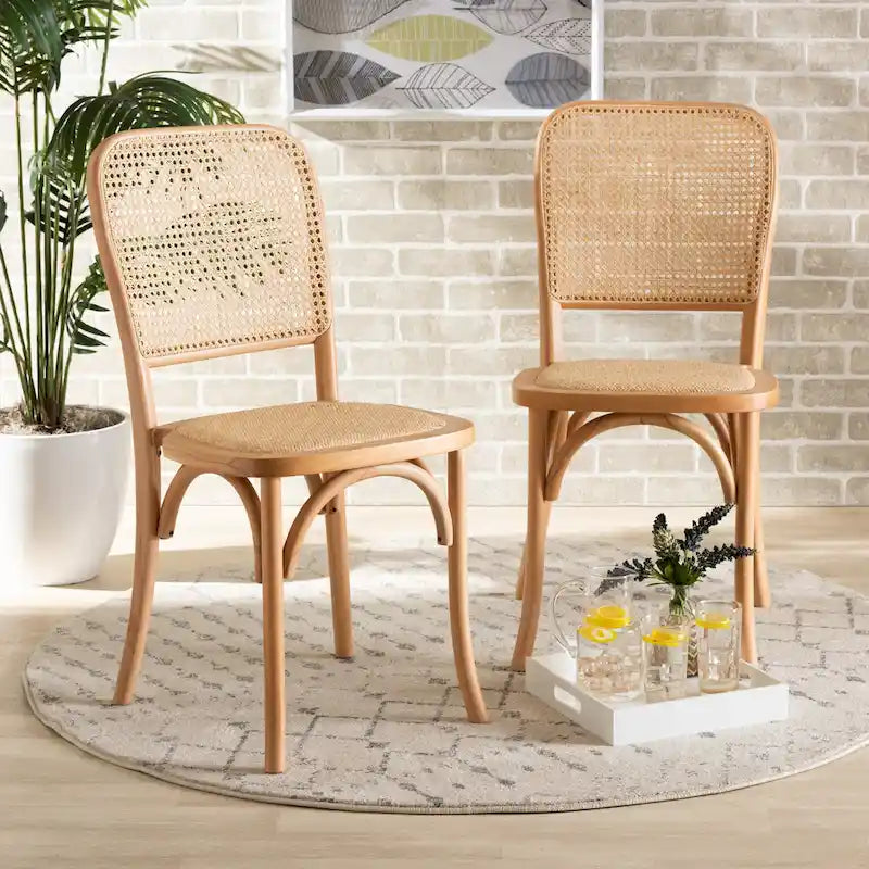 Zestaw 2 krzeseł do jadalni Neah w stylu Mid-Century Modern z plecionego rattanu i drewna