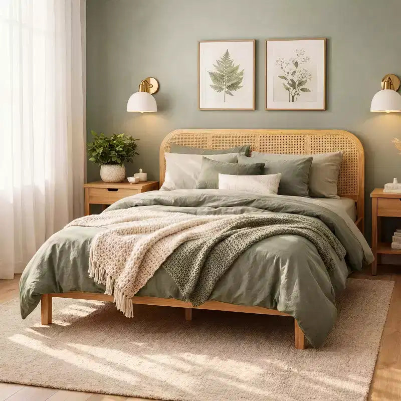 Rama łóżka platformowego Christopher Knight Home Callahan Modern Boho z drewnianą ramą i rattanowym zagłówkiem