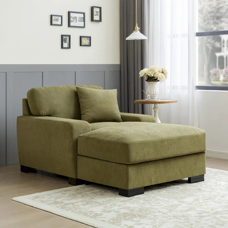 Nowoczesna sofa z funkcją spania typu chaise longue w stylu mid-century, o powiększonych wymiarach, z poduszką