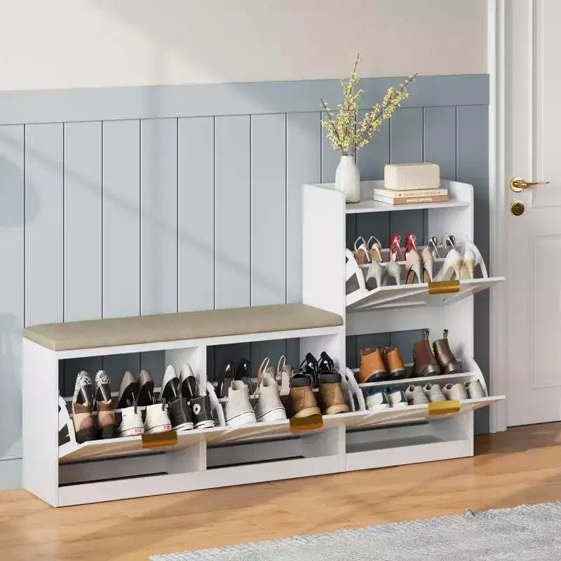 Szafka na buty w stylu rustykalnym z siedziskiem, 4 uchylne szuflady, organizer na obuwie do przedpokoju z wygodną poduszką, wolnostojąca ławka na buty