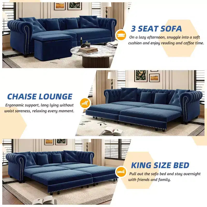 Rozkładana sofa 3 w 1 Whisen Velvet typu king-size z ruchomym podnóżkiem i pikowanym wzorem