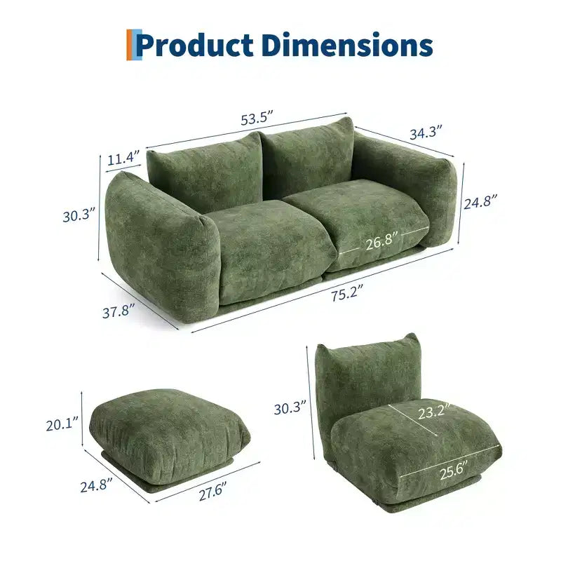 Bezkostna sofa dwuosobowa – nie wymaga montażu, puszysta sofa typu cloud z chenille’u o szerokości 75,2 cala i głębokości siedziska 23,2 cala do małych przestrzeni (zielona)