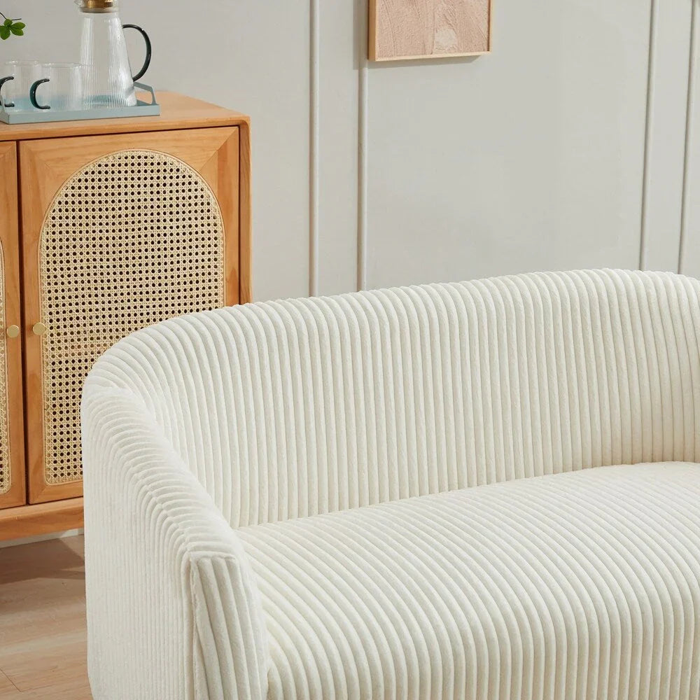 Dwuosobowa sofa tapicerowana sztruksem na drewnianych nogach w kolorze orzecha