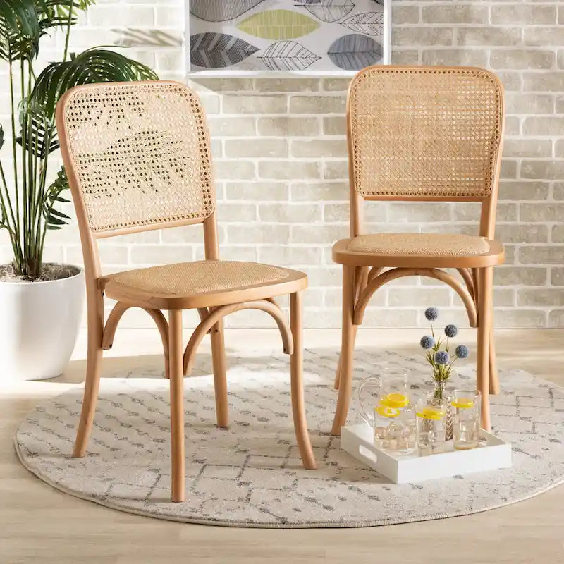 Zestaw 2 krzeseł do jadalni Neah w stylu Mid-Century Modern z plecionego rattanu i drewna