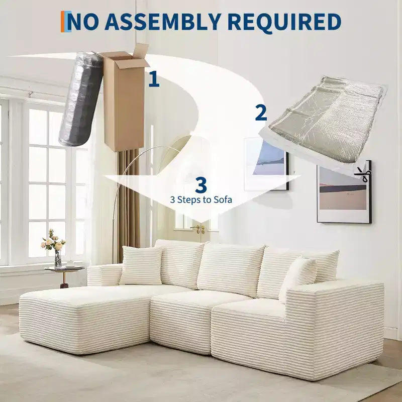 108 Nowoczesna sofa, 3-osobowa sofa tapicerowana w kształcie litery L z poduszkami, sofa z głębokim siedziskiem, bez konieczności montażu