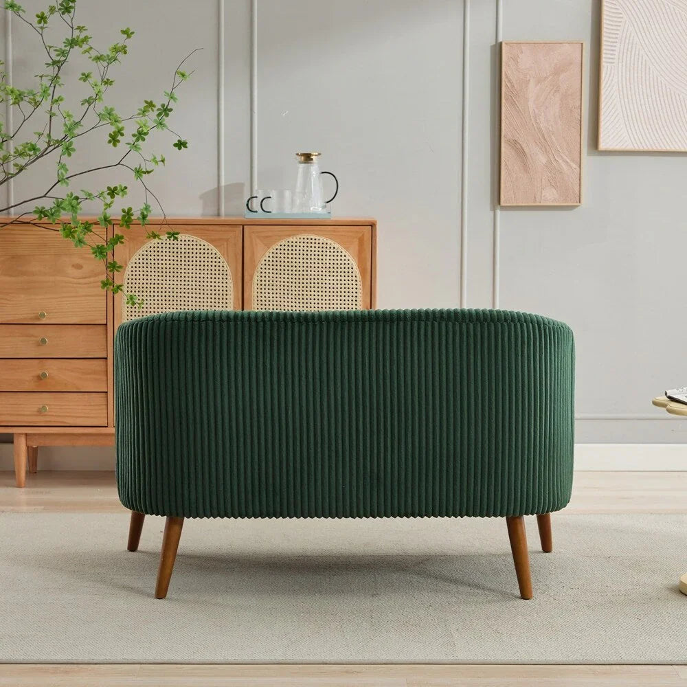 Dwuosobowa sofa tapicerowana sztruksem na drewnianych nogach w kolorze orzecha
