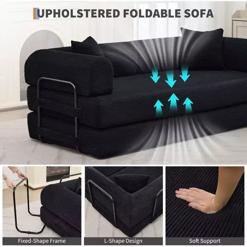 78.7 Szara sofa rozkładana 4 w 1 z tkaniny sztruksowej, składana dwuosobowa sofa podłogowa futon z poduszkami (bez montażu)