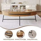 Owalny stolik kawowy z szufladą w stylu mid-century modern, drewniany stolik kawowy 47,2 z miejscem do przechowywania i metalowymi nogami w kształcie litery X, zaokrąglony design