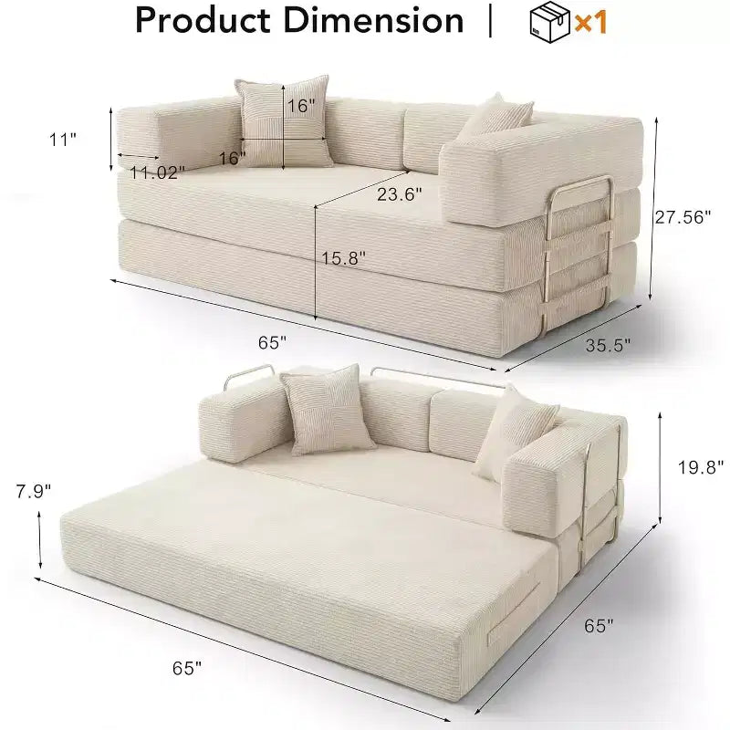 Dyonery 65-calowa rozkładana podłogowa sofa 5 w 1, rozkładana do podwójnego łóżka, ze stałym metalowym stelażem, sztruksowa