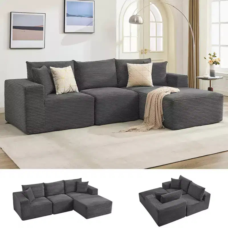 108 Nowoczesna sofa, 3-osobowa sofa tapicerowana w kształcie litery L z poduszkami, sofa z głębokim siedziskiem, bez konieczności montażu