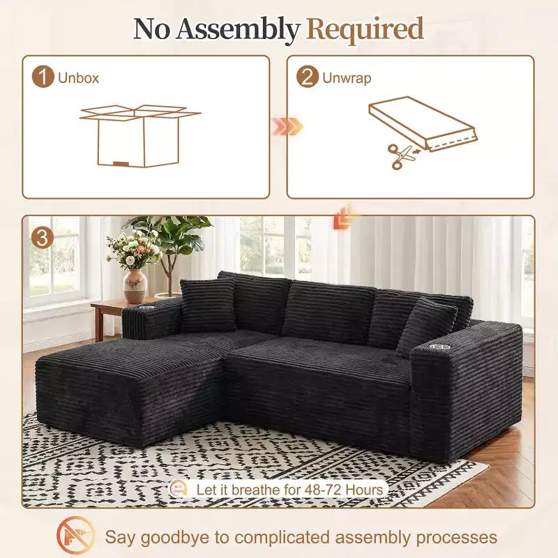 Modułowa sofa narożna Celebalcony 103 bez stelaża, narożnik w kształcie litery L z 2 uchwytami na kubki, miękka welurowa sofa niczym chmura do salonu, bez montażu