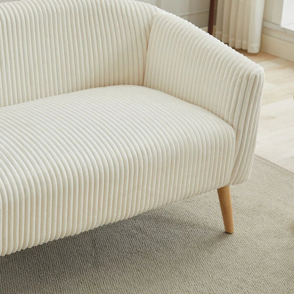 Dwuosobowa sofa tapicerowana sztruksem na drewnianych nogach w kolorze orzecha