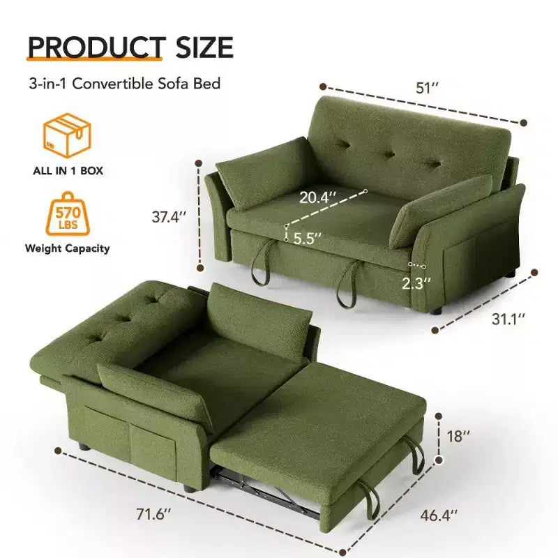 Dyonery 51 – rozkładana sofa 3 w 1, dwuosobowa sofa rozkładana z wysuwanym łóżkiem, regulowanym oparciem, lniana sofa