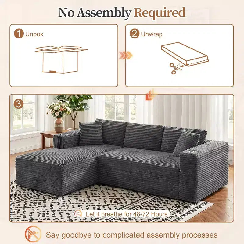 Modułowa sofa narożna Celebalcony 103 bez stelaża, narożnik w kształcie litery L z 2 uchwytami na kubki, miękka welurowa sofa niczym chmura do salonu, bez montażu