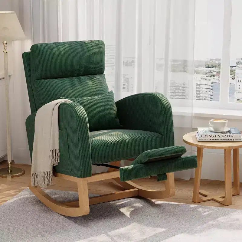 Nowoczesny miękki fotel bujany z poduszką i kieszeniami bocznymi, do salonu, sypialni