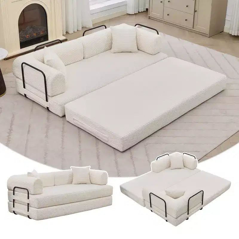78.7 Szara sofa rozkładana 4 w 1 z tkaniny sztruksowej, składana dwuosobowa sofa podłogowa futon z poduszkami (bez montażu)