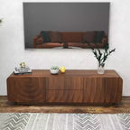JVNOXK 58-calowa szafka RTV, spiralno-falisty design w stylu mid-century, z szafką z półką i dwiema szufladami, odpowiednia do salonu lub sypialni, kolor orzechowy