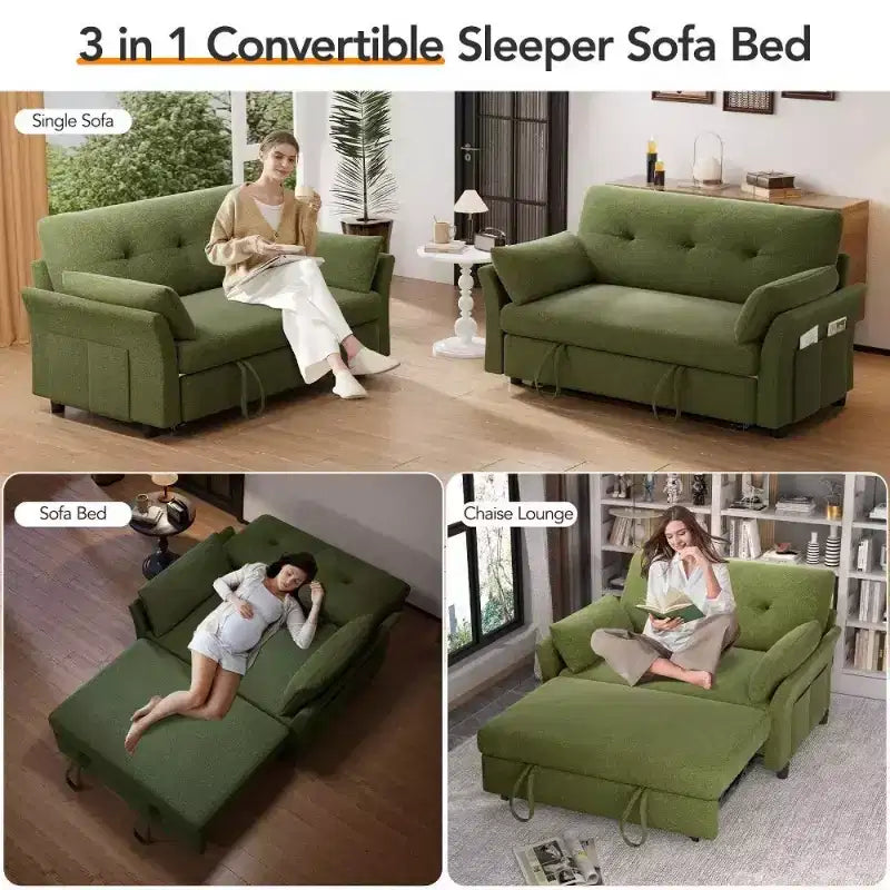 Dyonery 51 – rozkładana sofa 3 w 1, dwuosobowa sofa rozkładana z wysuwanym łóżkiem, regulowanym oparciem, lniana sofa