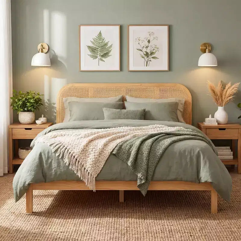 Rama łóżka platformowego Christopher Knight Home Callahan Modern Boho z drewnianą ramą i rattanowym zagłówkiem