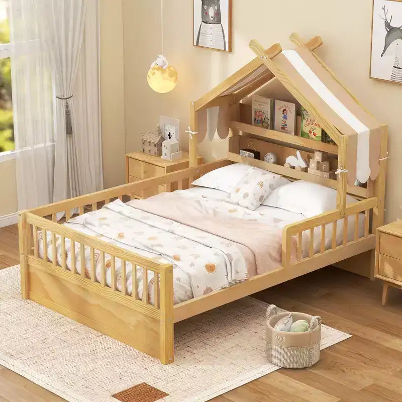 Łóżko domek ModernLuxe dla dzieci, rozmiar Twin/Full, drewniane, z zagłówkiem z miejscem do przechowywania, rama z litego drewna sosnowego z barierkami ochronnymi