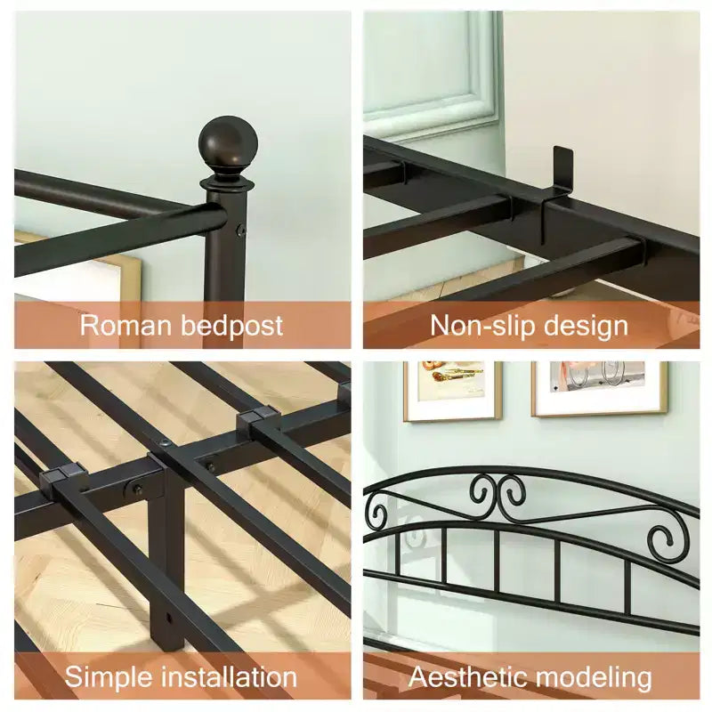 Metalowa rama łóżka typu Queen Size z baldachim, zagłówkiem w stylu vintage i schowkiem pod łóżkiem o pojemności 12,4