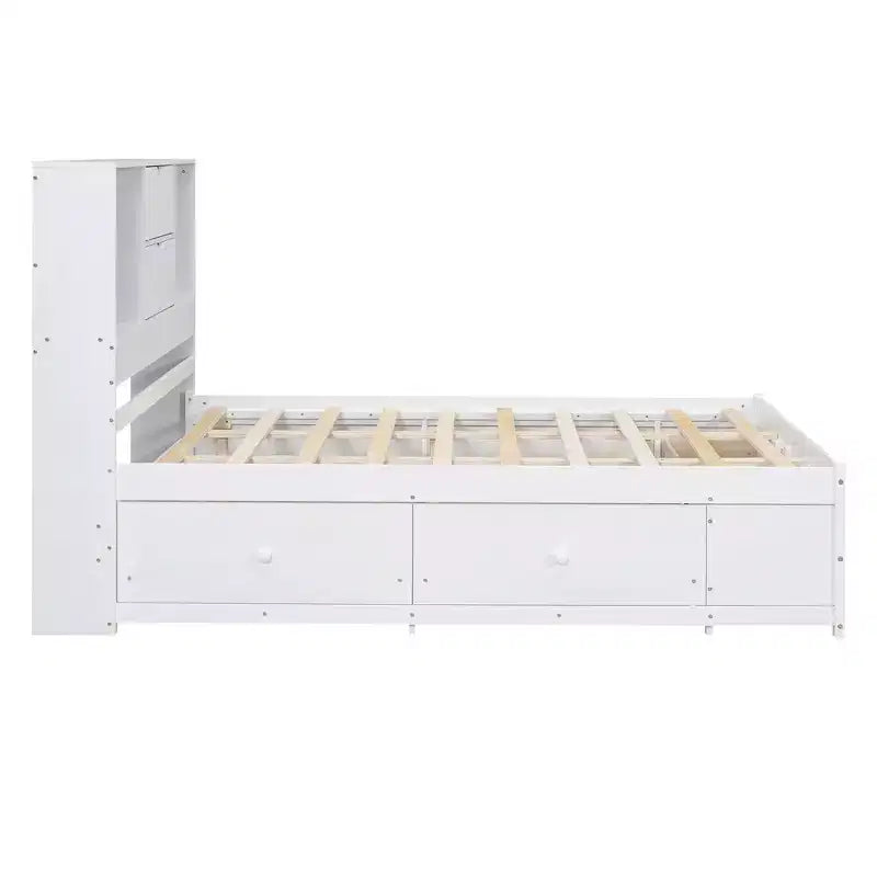 Łóżko platformowe Queen/King Size, rama z drewna sosnowego z zagłówkiem ze schowkiem i 8 szufladami