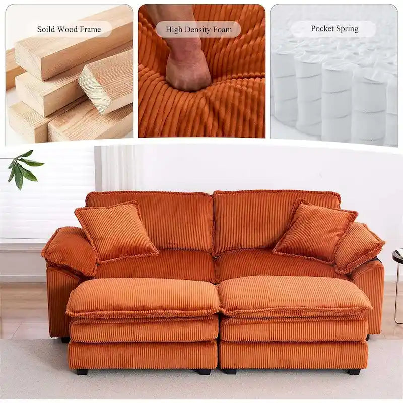 Nowoczesna 2-osobowa sofa sztruksowa z 4 poduszkami i 2 pufami