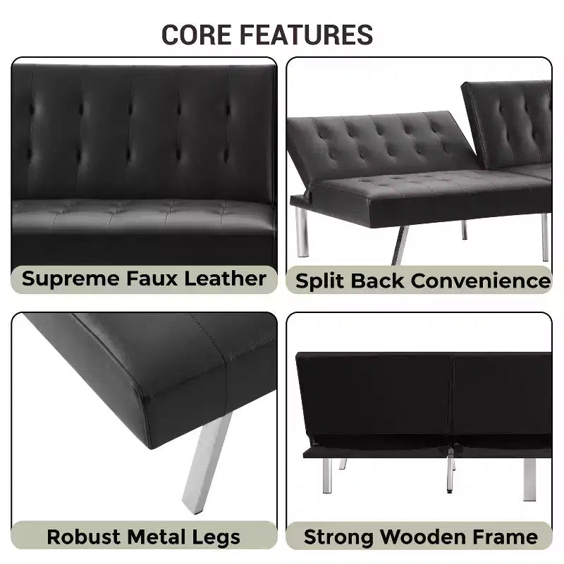 Tapicerowana sofa futon z rozkładanym oparciem, rozkładana sofa z chromowanymi nogami