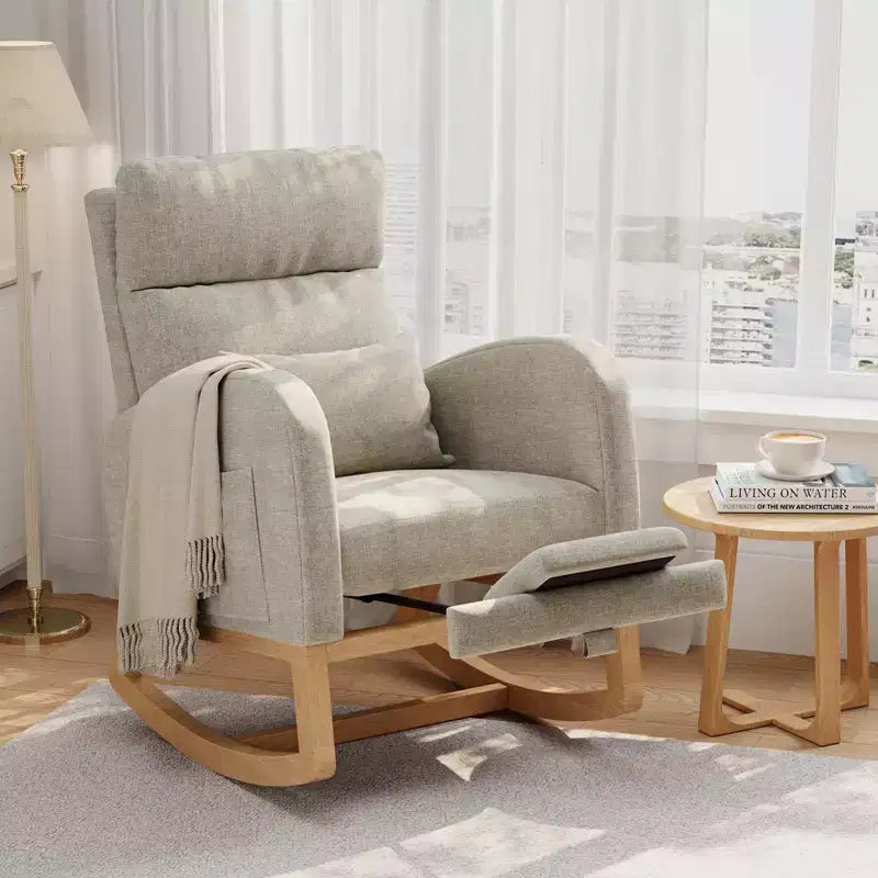 Nowoczesny miękki fotel bujany z poduszką i kieszeniami bocznymi, do salonu, sypialni