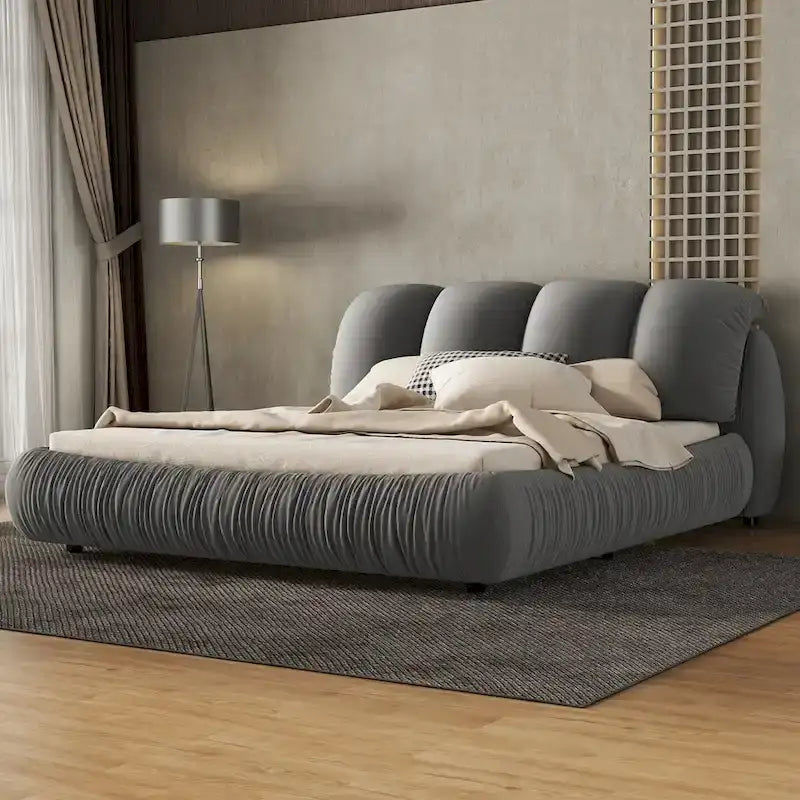 Luksusowe tapicerowane łóżko queen size z grubym zagłówkiem, aksamitne łóżko queen size z wyjątkowo dużym pikowanym zagłówkiem