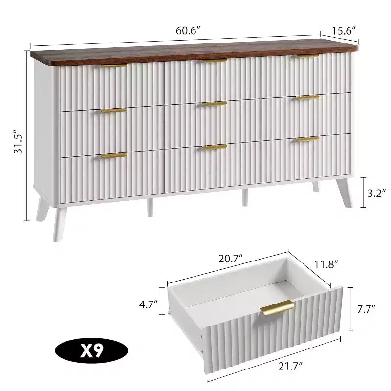 Komoda z 9 szufladami i ryflowanymi frontami, nowoczesna szafka, drewniana komoda pod telewizor, zaokrąglony design, do salonu, przedpokoju
