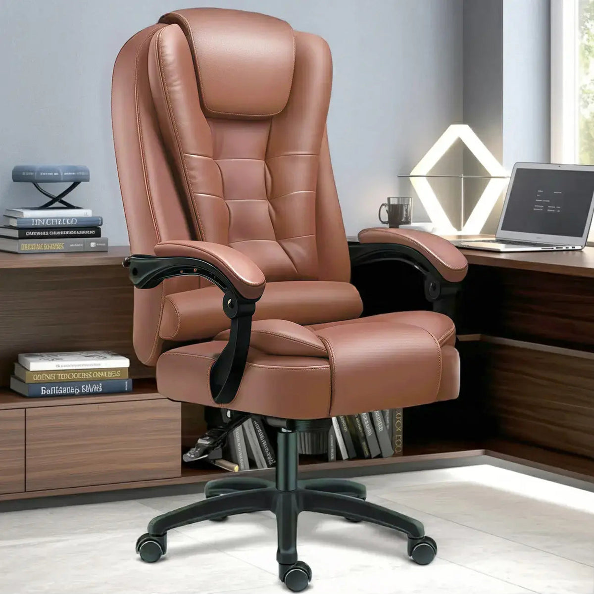 Ergonomiczny czarny skórzany fotel biurowy obrotowy z podnóżkiem