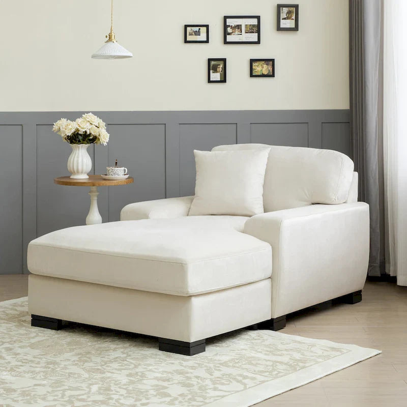 Nowoczesna sofa z funkcją spania typu chaise longue w stylu mid-century, o powiększonych wymiarach, z poduszką