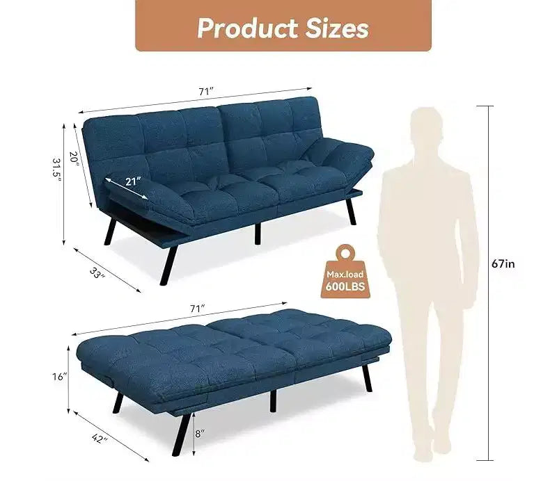 Rozkładana sofa typu futon z regulowanym oparciem i zdejmowanymi podłokietnikami
