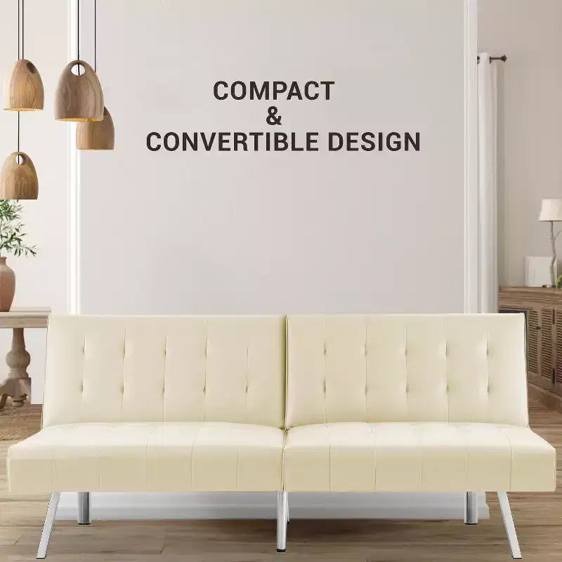 Tapicerowana sofa futon z rozkładanym oparciem, rozkładana sofa z chromowanymi nogami