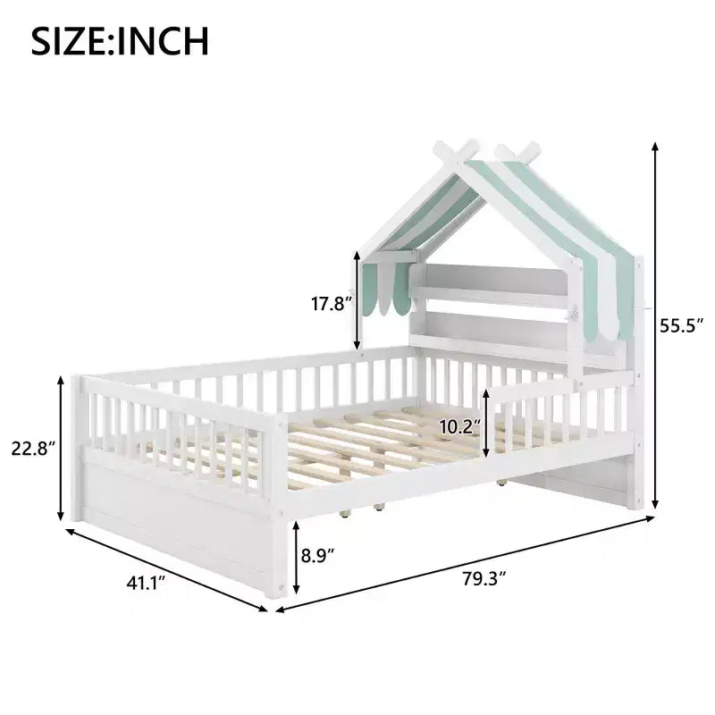 Łóżko domek ModernLuxe dla dzieci, rozmiar Twin/Full, drewniane, z zagłówkiem z miejscem do przechowywania, rama z litego drewna sosnowego z barierkami ochronnymi