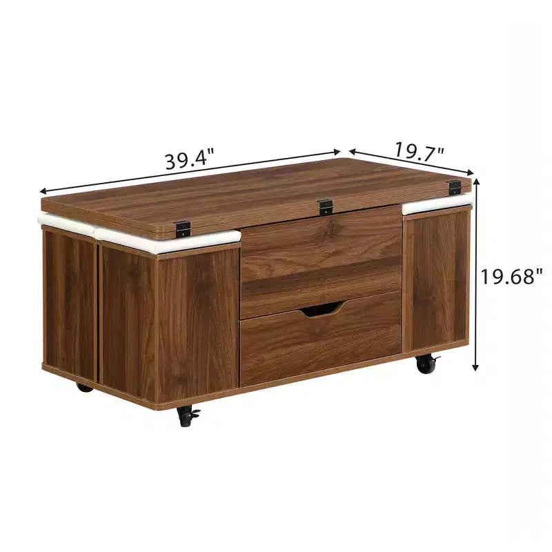 Wielofunkcyjny nowoczesny stolik kawowy z podnoszonym blatem, ukrytym schowkiem, 4 taboretami i kółkami, idealny do nowoczesnych wnętrz