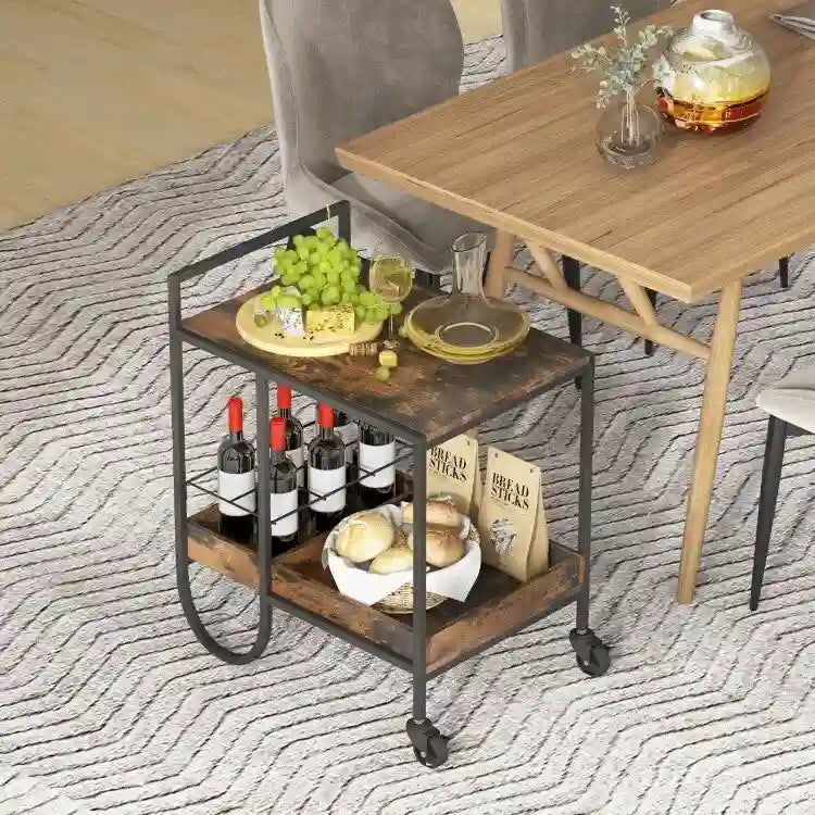 Wózek bufetowy na kółkach z demontowalnym metalowym stojakiem na wino – brązowy – 24 x 17 x 29 (D x Ś x W)