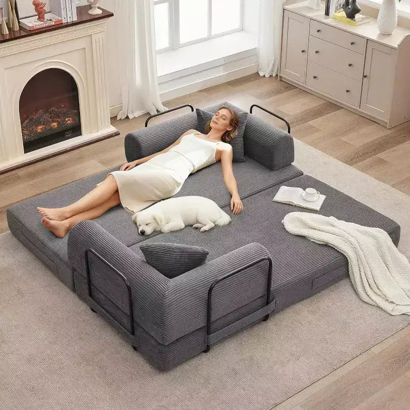 Rozkładana sofa 2 w 1, wygodna składana kanapa sztruksowa z głębokim siedziskiem i szerokimi podłokietnikami, sofa bezstelażowa, do salonu, mieszkań